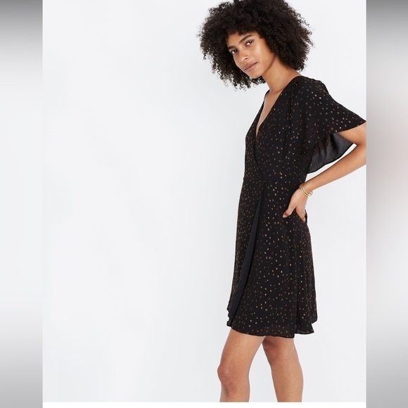 Madewell Cape Sleeve Mini Dress Metallic Dot Black - Picture 2 of 10